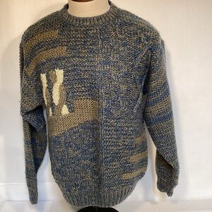 Peter England Vintage Handmade Blue and Tan Crewneck Sweater Men’s Size Medium